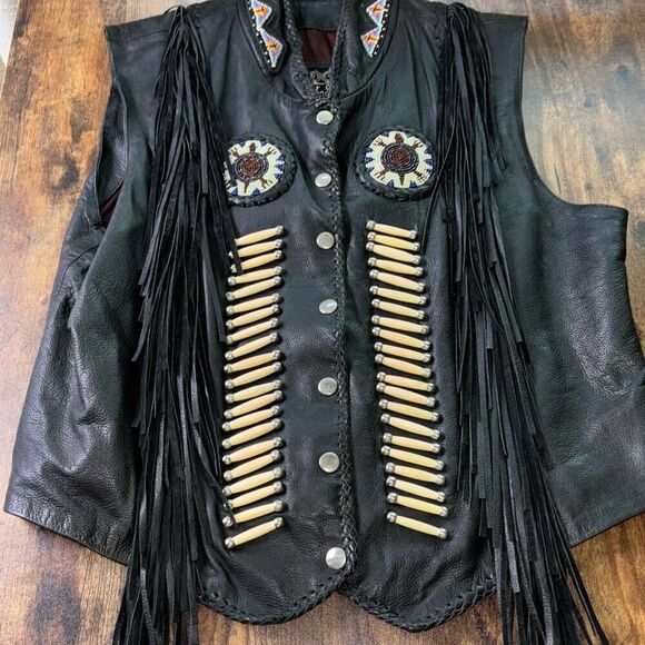 Vtg Tribal America Beads & Fringe Native black leather biker vest XXL - Picture 6 of 10